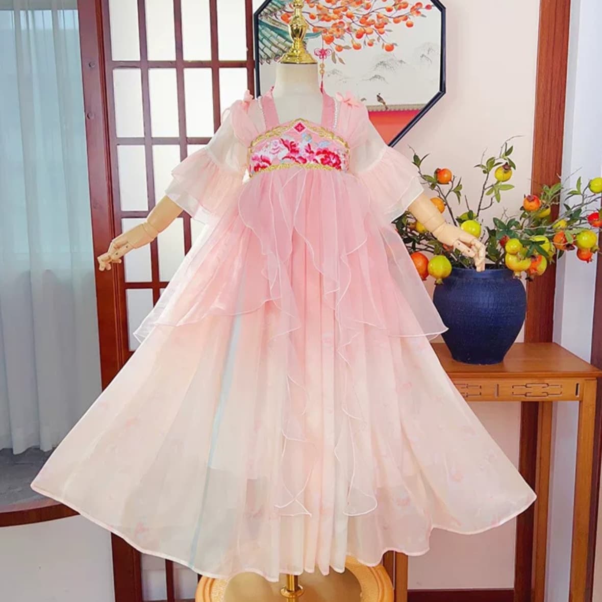 Peony Fairy (Pink) Kids Hanfu Dress model portrait