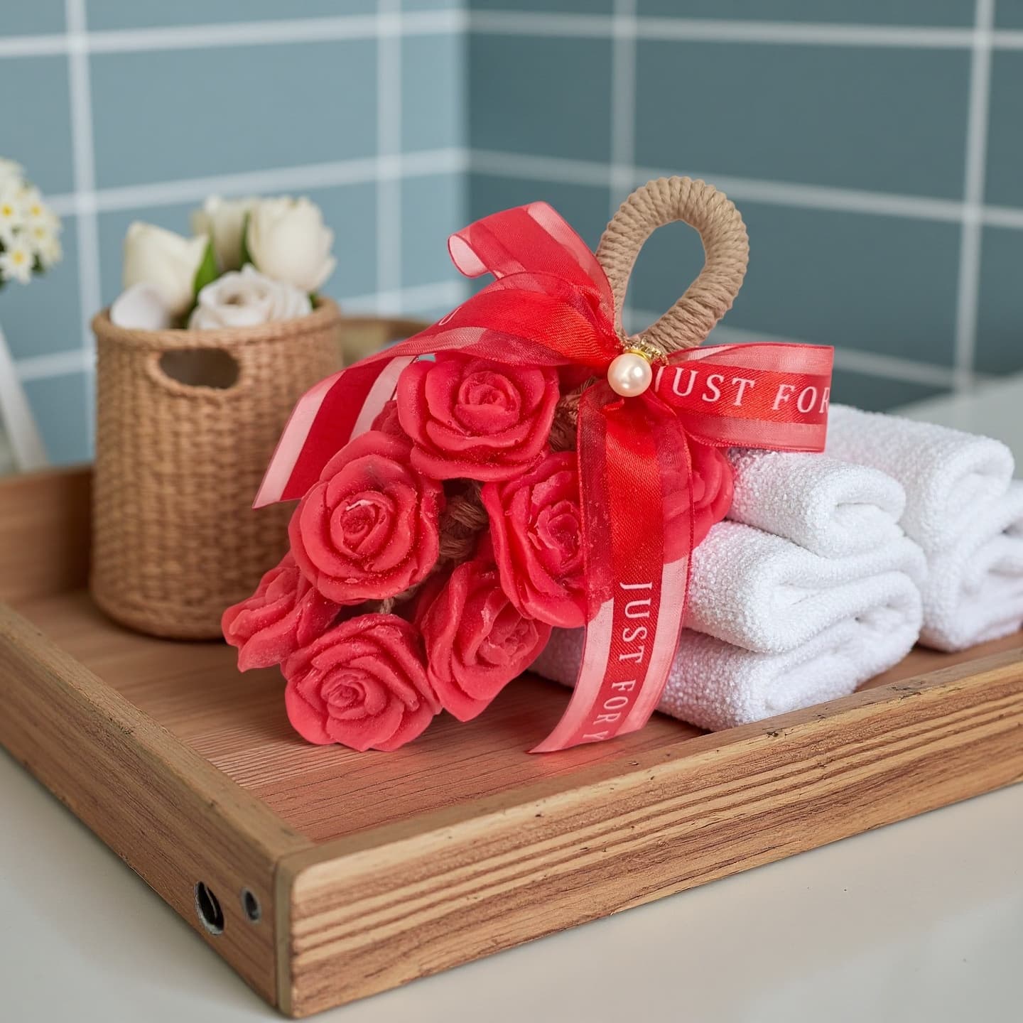 Red rose decorative handmade-style soap bouquet presented for spa and hospitality gifting