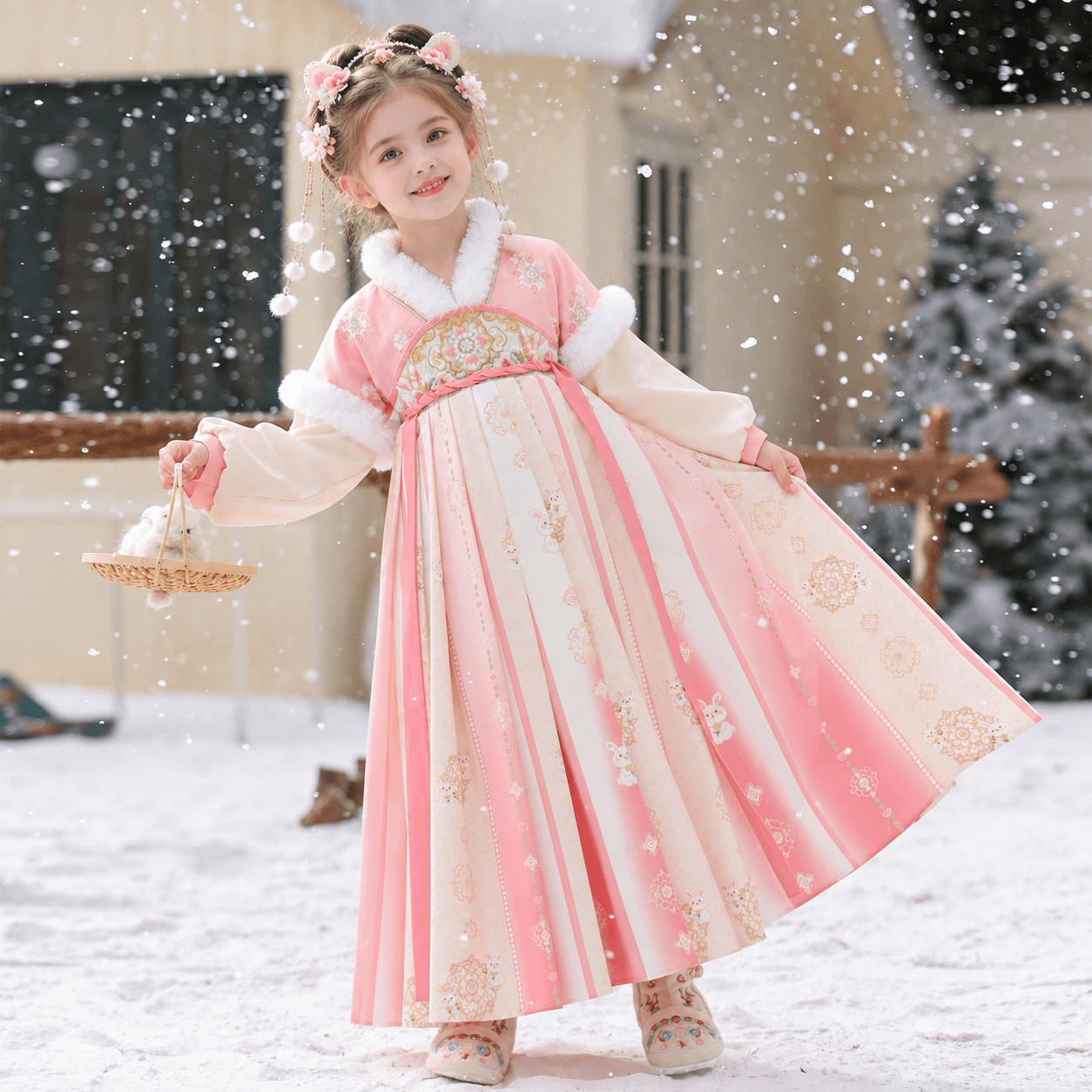 Naughty Princess Hanfu Dress for Girls (Pink Yellow-long shoulder) thumbnail 3