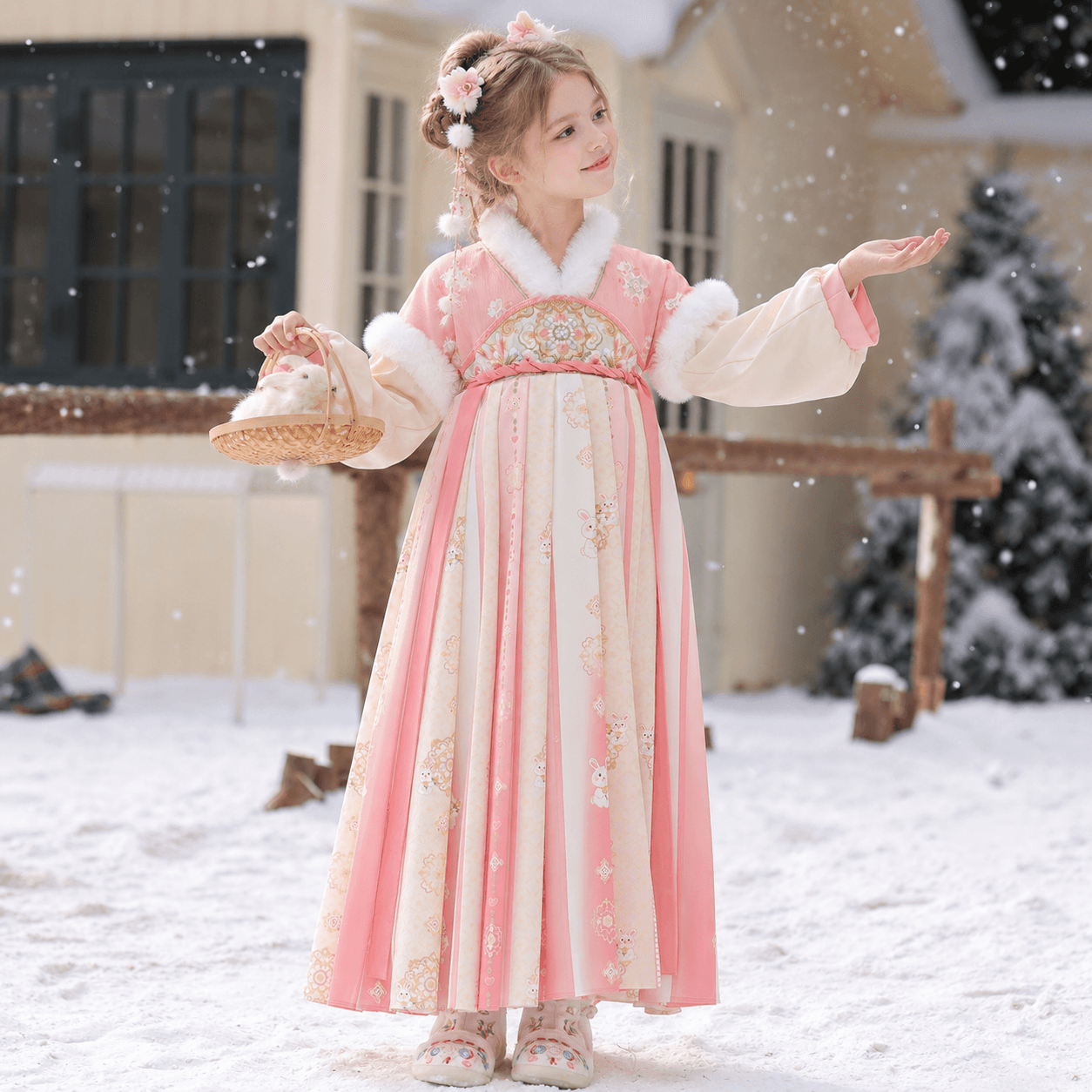 Naughty Princess Hanfu Dress for Girls (Pink Yellow-long shoulder) thumbnail 4