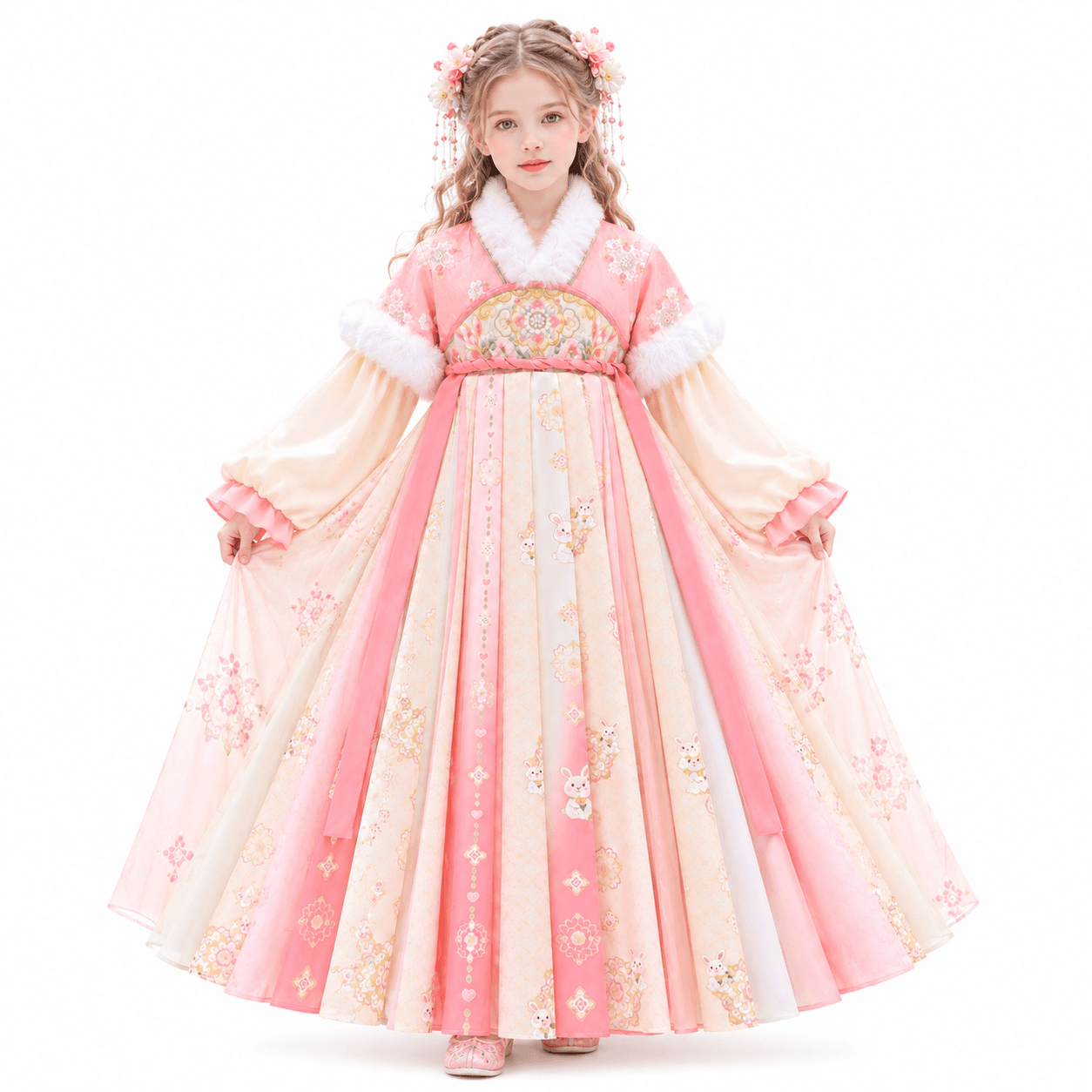 Naughty Princess Hanfu Dress for Girls (Pink Yellow-long shoulder)